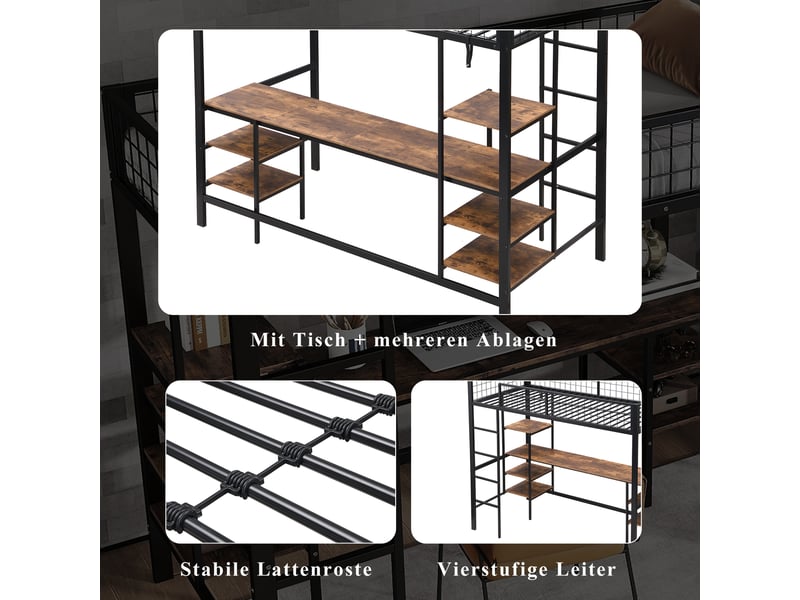  Lit mezzanine 90x200 cm, structure métal noir et bois, avec bureau intégré  - Conforama E