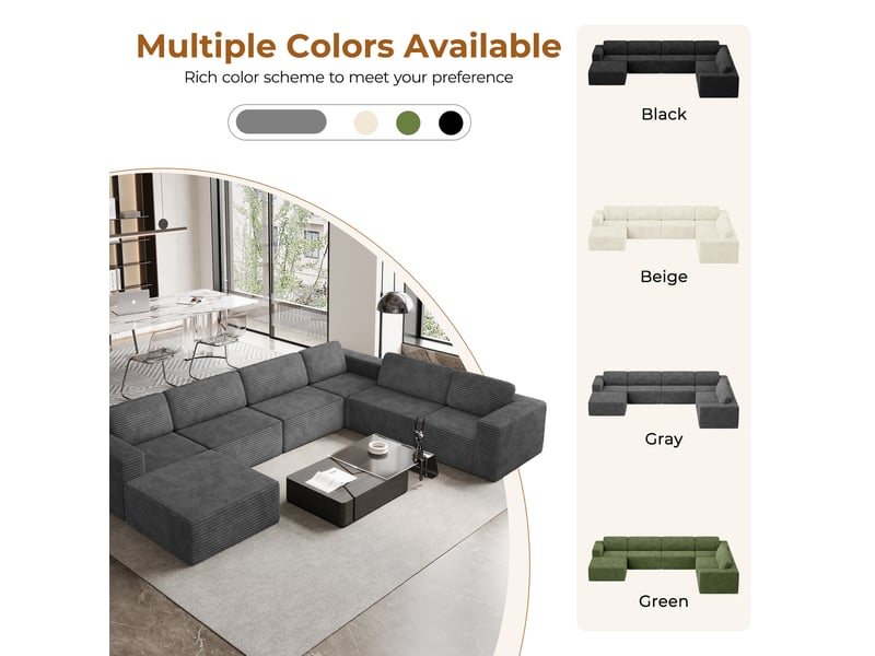 Canapé modulaire panoramique 7 places ouvert à gauche,velours côtelé,1 pouf,canapé compressé pour grand salon,404x303x82cm,gris 404x303x82CM - Conforama R
