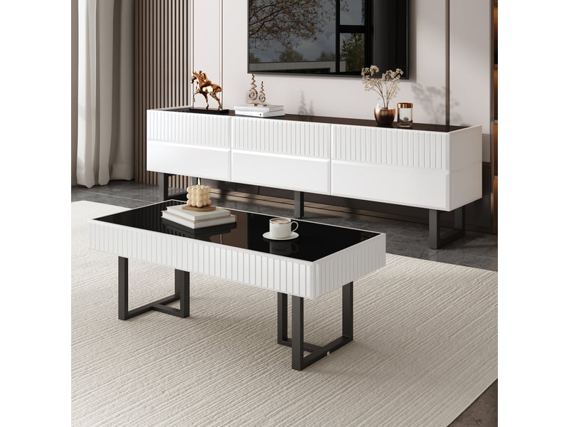  Ensemble meuble tv avec rangements et table basse pour salon en mdf 170×35×47 cm noir et blanc  - Conforama B