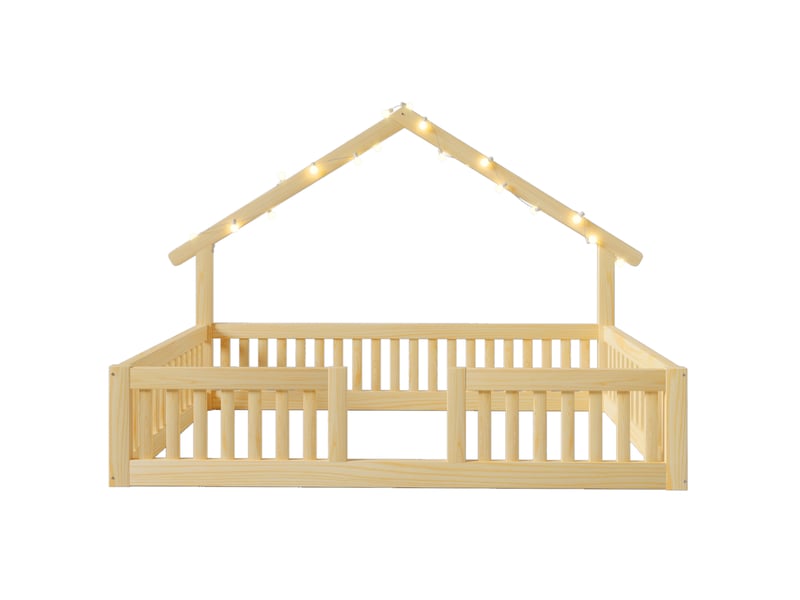 Lit cabane enfant 140x200 cm avec barrière et led, mdf et pin naturel, sans matelas - Conforama R