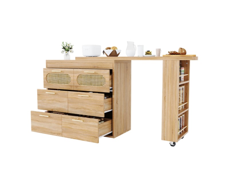  Bahut de cuisine rotative 360° avec 6 tiroirs, portes en rotin pe, bistrotisch multifonction, système de sécurité anti-basc  - Conforama A