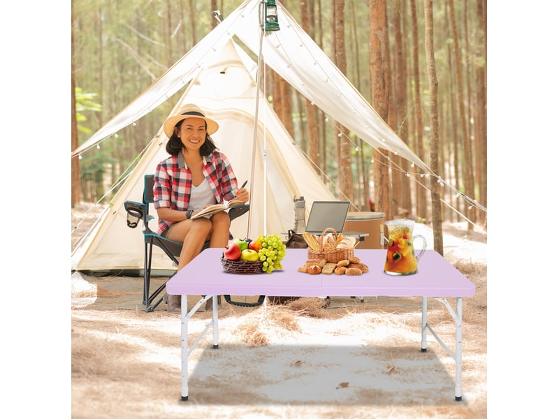 Table de jardin pliante 125 x 61 cm violette, plastique et acier, hauteur réglable 58 à 74 cm, avec poignée intégrée - Conforama B