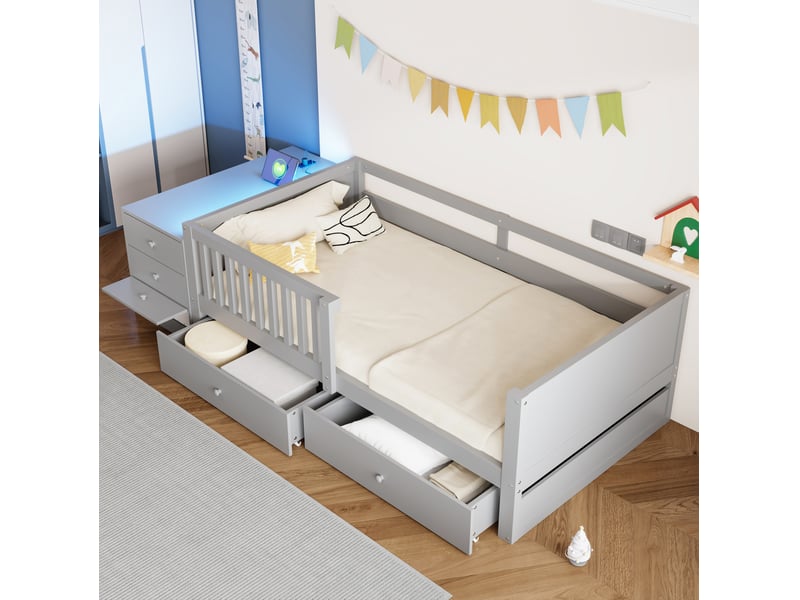  Lit enfant 90x200 cm avec rangement séparé, prise, led, 2 tiroirs et grille de sécurité, en bois, gris, sans matelas  - Conforama E