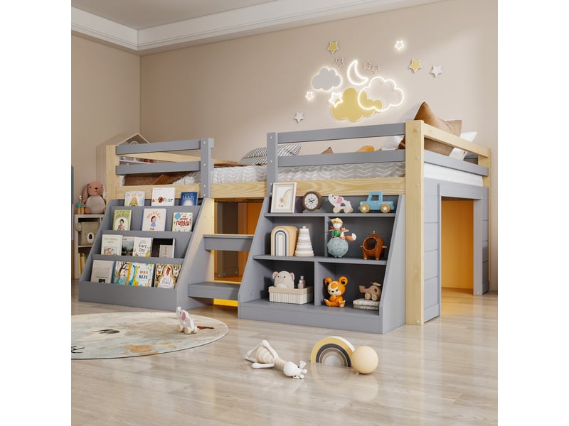  Lit mezzanine enfant 140x200cm en pin avec compartiments ouverts et led,lit superposé double avec échelle et barrières de sécurité,sans matelas-gris et naturel  - Conforama W