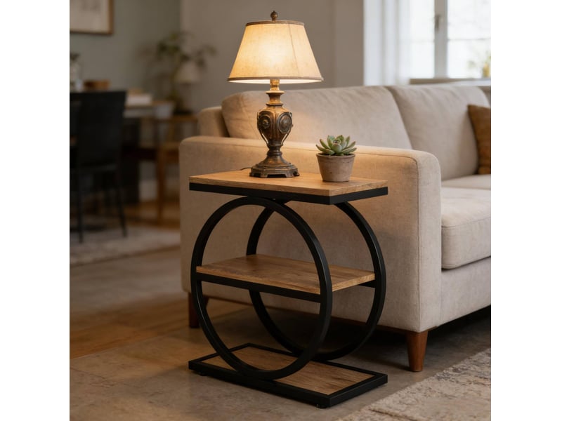  Table d'appoint 60x30x65 cm à 3 niveaux, style industriel, mdf et métal, noir et marron  - Conforama B