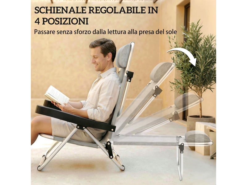  Lot de 2 chaises longues pliantes et inclinables 4 positions avec appui-tête, aluminium, 62 x 61 x 80 cm, gris  - Conforama E