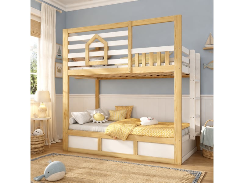  Lit superposé 90x200 cm rangement hydraulique en bois blanc et coloris naturel  - Conforama C