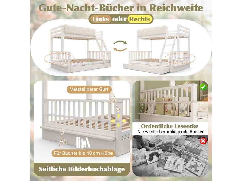  Lit superposé enfant 90x200 et 140x200 avec tiroirs et porte-revues, lit familial en bois blanc, barrière nuage, certifié en 747.  - Conforama E