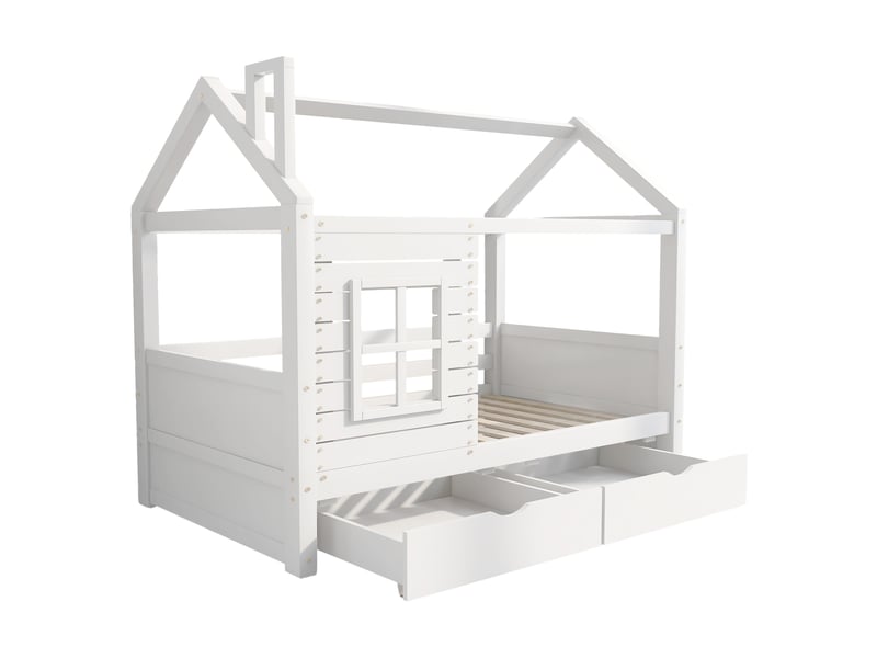  Lit cabane enfant 90x200 blanc en bois massif, lit avec barrière de sécurité, sommier à lattes et 2 tiroirs de rangement inclus  - Conforama W