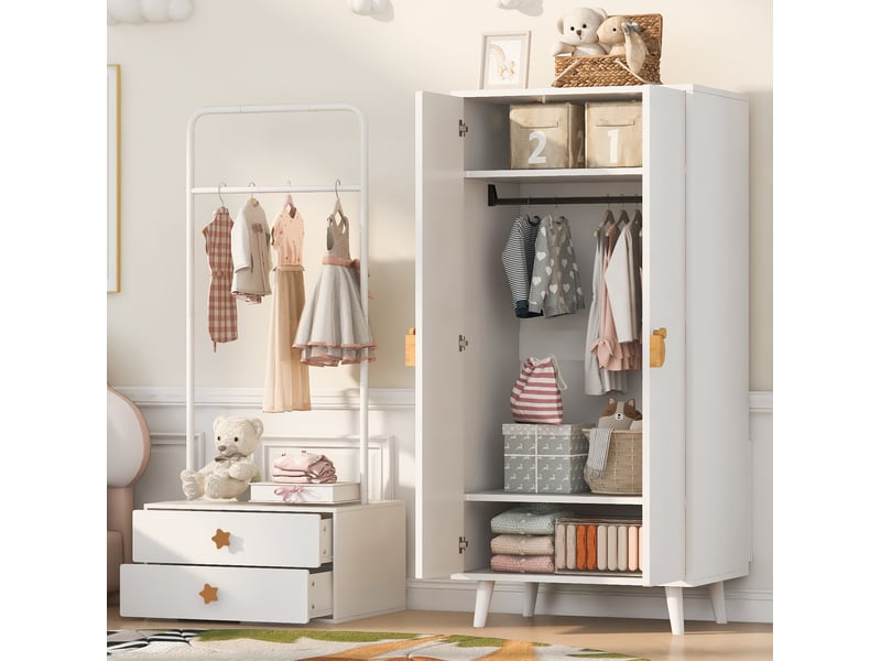  Armoire 70x55x170 cm à deux portes en mdf blanc avec grands rangements, poignées design et pieds surélevés  - Conforama D