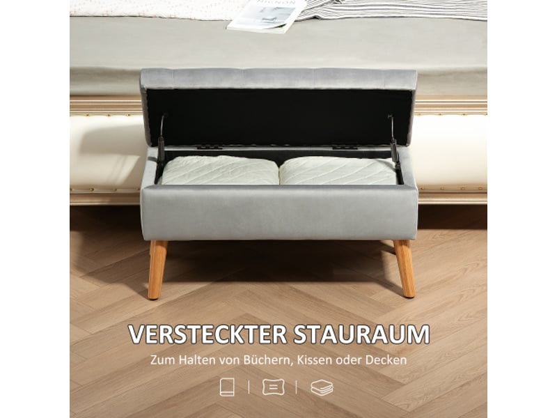  Banc coffre gris rembourré effet velours, couvercle, bois d’hévéa, 102x35x43 cm, rangement  - Conforama D