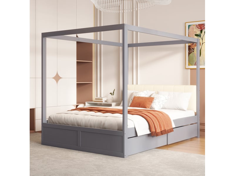  Lit baldaquin tcqpz 140 x 200 cm avec 2 tiroirs, tête de lit rembourrée, structure en bois, gris  - Conforama E