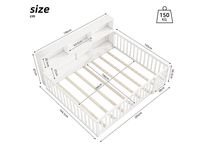  Lit banquette 140x200 cm en bois de pin, lit de jour avec rangement et barrière de sécurité, canapé-lit blanc pour chambre d'enfant.  - Conforama C