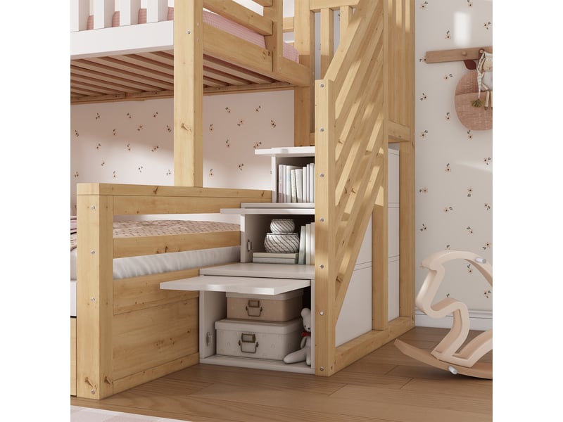 Lit superposé enfant 90140x200cm - lit familial bois avec escalier rangement et tiroirs - lit cabane toit maison - blanc chêne - Conforama D