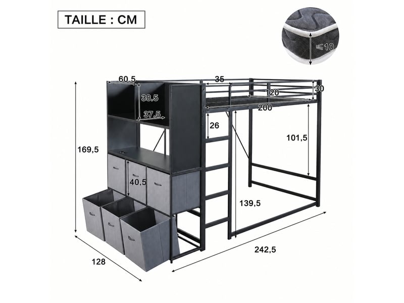 Lit mezzanine 120 x 200 cm en métal noir avec rangement latéral, échelle, éclairage et station usb - Conforama C