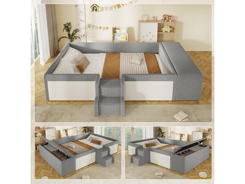 Lit enfant 140 x 190 cm, banc coffre mobile, escalier 2 marches, contours rembourrés, sommier à lattes inclus, revêtement bouclé, gris et blanc Luxe haut de gamme - Conforama B