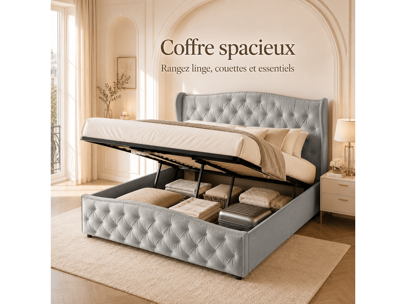  Lit coffre double 160 x 200 cm en velours, lit rembourré avec de rangement hydraulique, lit double avec sommier à lattes et tete de lit capitonné, décor avec boutons,2 personnes, sommier à lattes, chambre adulteado, cadre de lit…  - Conforama C