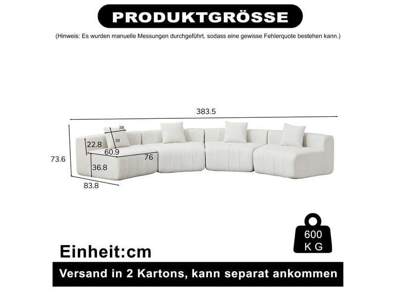 Canapé 4 places - 383.5x83.8x73.6 cm - canapé droit incurvé modulaire chenille avec 4 coussins sans montage - blanc  - Conforama E