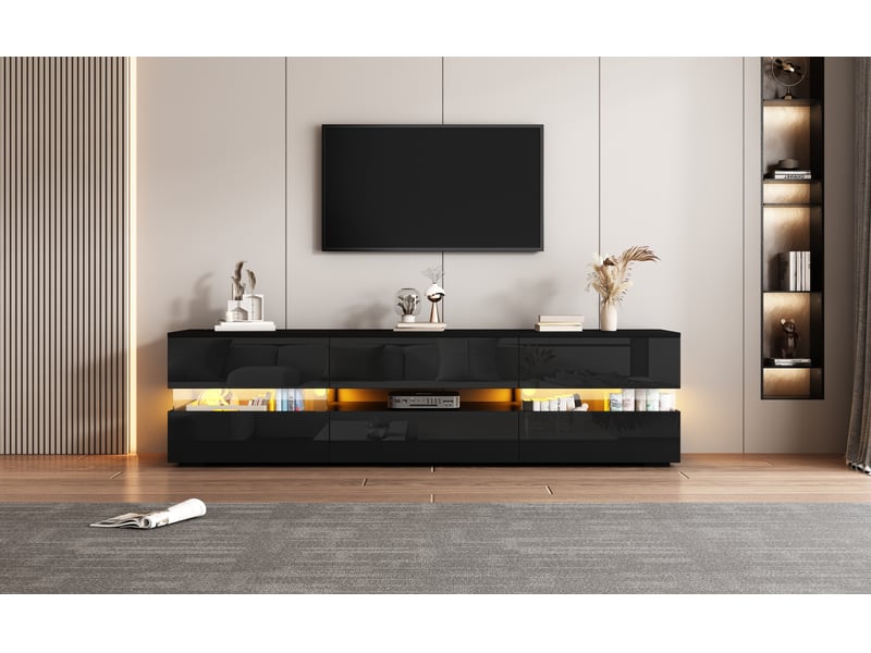  Meuble tv moderne brillant 160x39x45 cm avec éclairage led, 1 tiroir, 2 portes, compartiment ouvert avec insert en verre acrylique  - Conforama R