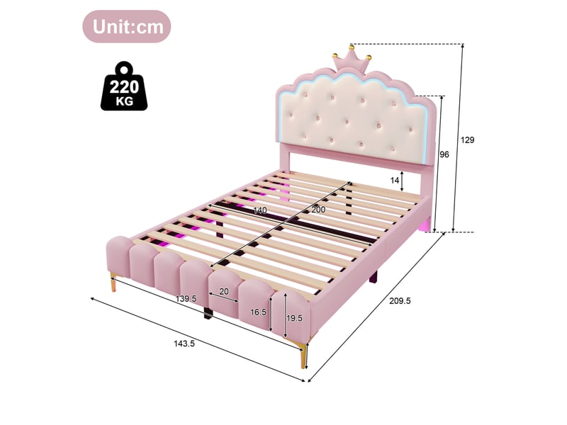 Lit 2 places 140 x 200 cm rose, forme couronne, sommier, led et télécommande - Conforama C