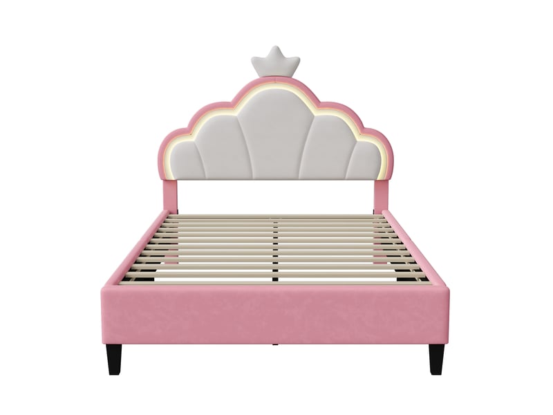  Feeohome lit pour enfant rembourré 140x200cm, lit de princesse en forme de couronne avec led, lit simpledouble pour fille tête de réglable en hauteur et sommier à lattes, sans matela  - Conforama A