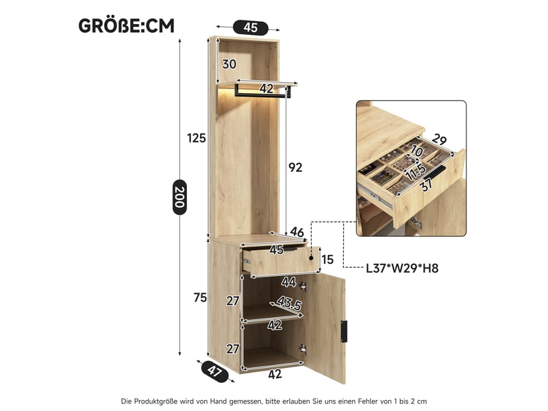  Meuble d’entrée dressing 45 x 47 x 200 cm, led, tiroir à bijoux, tringle et 2 compartiments, bois naturel ABC - Conforama C