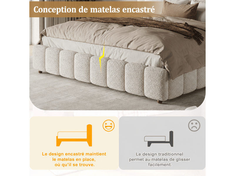  Lit double capitonné 180 x 200 cm - tête de lit et sommier à lattes capitonnés - pieds en bois massif - tissu bouclé blanc (sans matelas)  - Conforama W