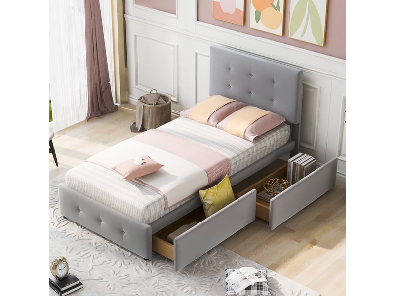  Lit rembourré en velours gris 90 x 200 cm  - Conforama D