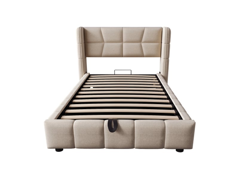  Lit capitonné 90x200 cm pour enfant et ado – tête de lit, sommier à lattes, rangement pneumatique, cadre en lin beige  - Conforama A