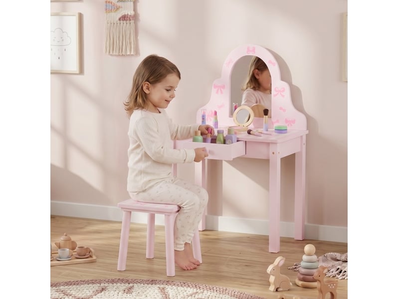  Coiffeuse enfant 2-en-1 55 x 34 x 82 cm - rose et blanc - miroir amovible, tiroir et tabouret assorti  - Conforama B