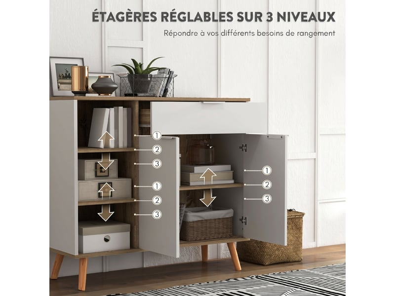  Meuble de rangement buffet cuisine 1 tiroir 1 placard double porte 3 étagères réglables blanc 95 x 35 x 85 cm  - Conforama R
