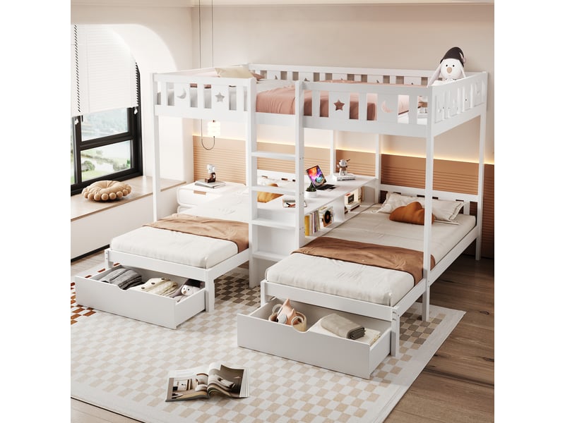 Lit superposé 140 x 200 cm avec 2 tiroirs et échelle intégrée, garde-corps à motifs étoiles et lunes, rangements sous le lit, bois, blanc Morn Vibe - Conforama C