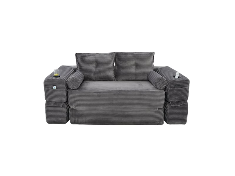 Canapé convertible 2 places modenvie en velours côtelé gris foncé, 180 x 98 x 80 cm, avec poches et porte-gobelet - Conforama A