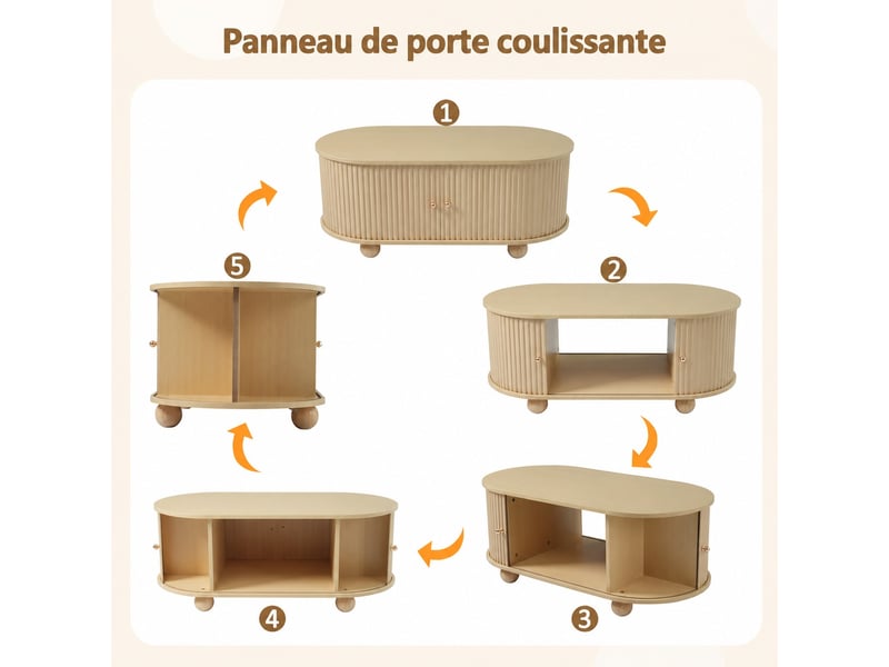  Table basse ovale bois 100x50x40 cm, table de salon mdf avec portes coulissantes, grand rangement, design moderne  - Conforama B