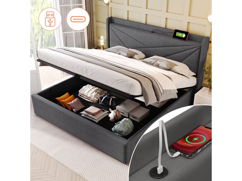  Lit double rembourré 160x200 avec tête rangeante, usb type-c, coffre et lattes, gris, sans matelas  - Conforama D