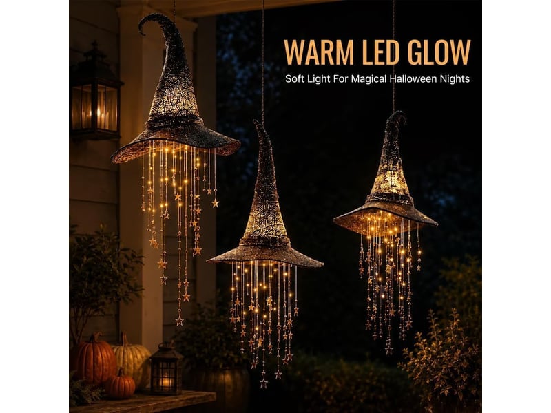  Décoration halloween suspendue, chapeau de sorcière lumineux led pour porche, entrée, terrasse, jardin et extérieur, court  - Conforama B
