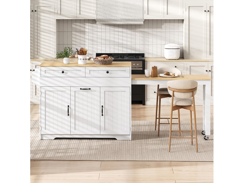 Desserte de cuisine avec table extensible, 2 tiroirs, 2 portes et rangement pour poubelle, en mdf blanc et naturel - Conforama E