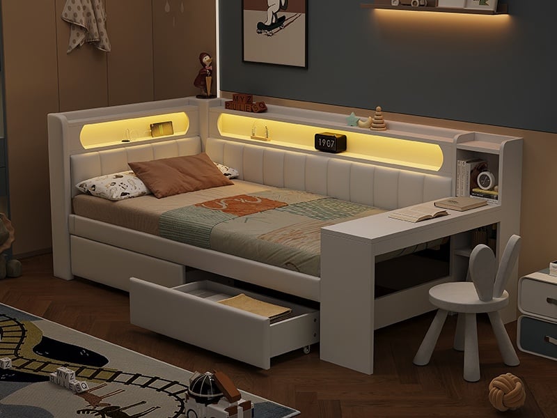 Lit de repos capitonné, 90x200 cm, avec ports de charge et bande led, incluant un bureau et 2 tiroirs, blanc  - Conforama B