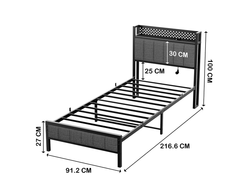  Lit 90x200 cm en métal, cadre de lit en métal noir avec sommier à lattes, ports usb intégrés, sans matelas, sans matelas  - Conforama C