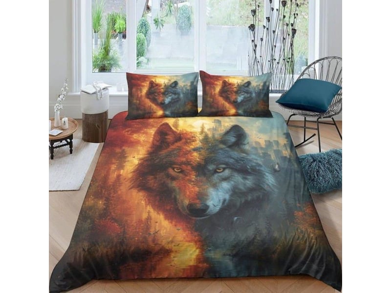  Housse de couette - 220x240cm - imprimé 3d loup - microfibre 100 polyester - fermeture éclair cachée - parure lit 3 pièces  - Conforama C