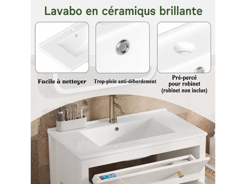  Meuble sous vasque blanc 81 cm avec vasque en céramique, façade cannelée et rangements  - Conforama D