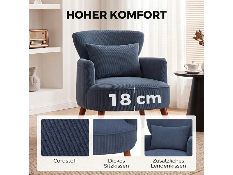  Fauteuil de salon - fauteuil moderne, fauteuil d'appoint rembourré avec coussin lombaire, bleu, 69.5 x 69 x 78 cm  - Conforama R