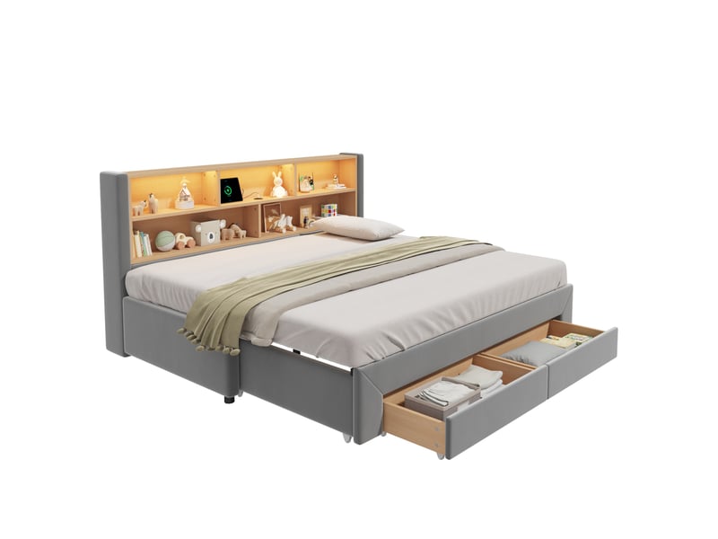  Lit gigogne 90x200 cm lit banquette extensible 180 cm avec 2 tiroirs, usb et led, velours gris ABC - Conforama A