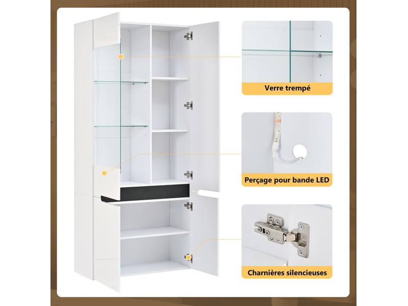  Vitrine led blanche en mdf 80 × 35 × 180 cm, 4 portes à fermeture douce et étagères en verre réglables  - Conforama C