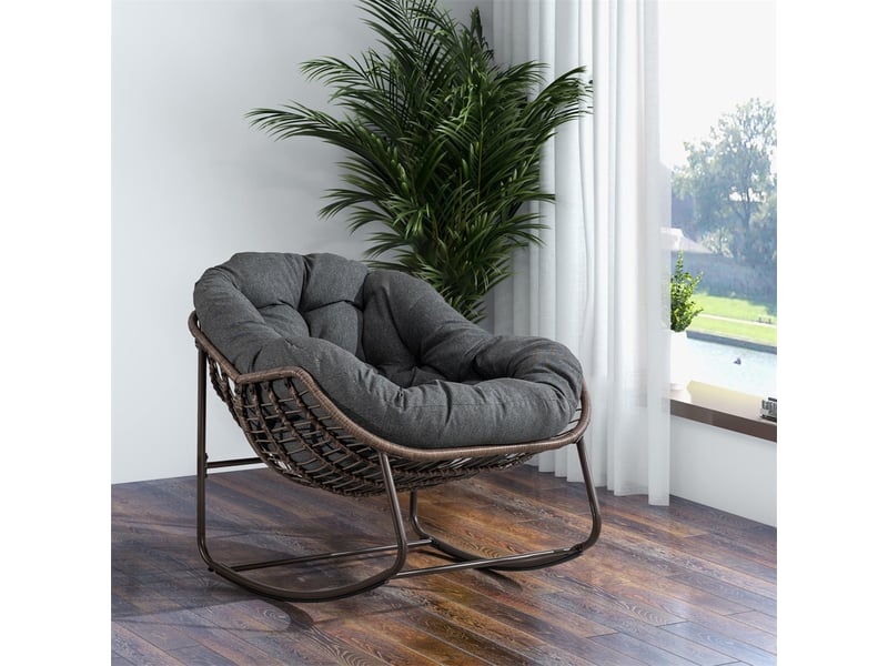  Fauteuil à bascule en rotin design œuf - xl - coussin épais gris foncé - structure acier robuste - gris foncé  - Conforama C