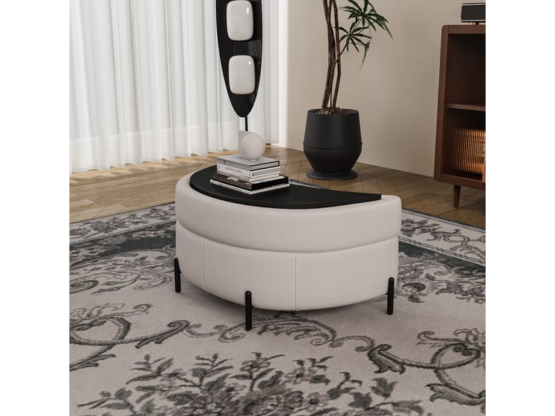 Pouf demi-lune en chenille beige avec plateau, siège rembourré et repose-pieds  - Conforama B