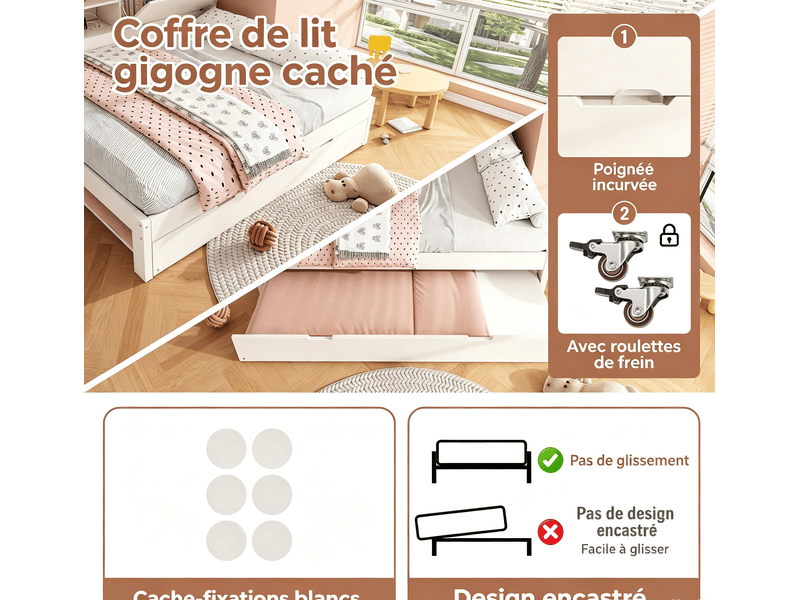  Canapé-lit 1 place 90x190 cm avec lit gigogne 90x190 cm - cadre bois blanc, panneau arrière avec rangement, station de charge usbusb-c, sommier à lattes, matelas non inclus  - Conforama E