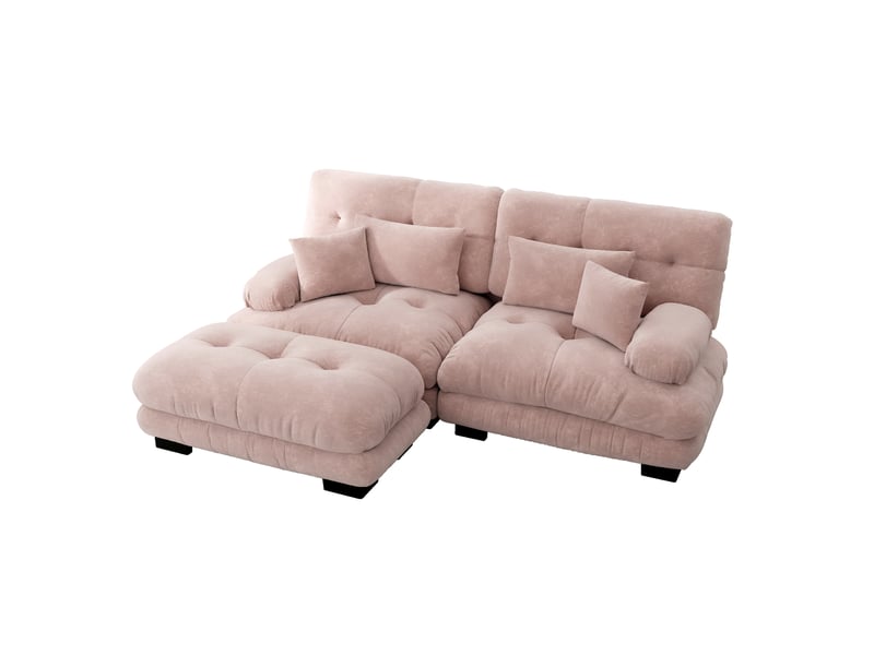 Canapé d'angle, canapé 2 places – en chenille, larges accoudoirs, avec pouf, rose, coussins inclus, style cloud - Conforama B
