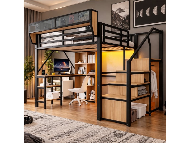 Lit mezzanine 140x200 cm – avec escalier de rangement – avec bureau – avec éclairage led – avec prise électrique – noir (matelas non inclus) - Conforama R