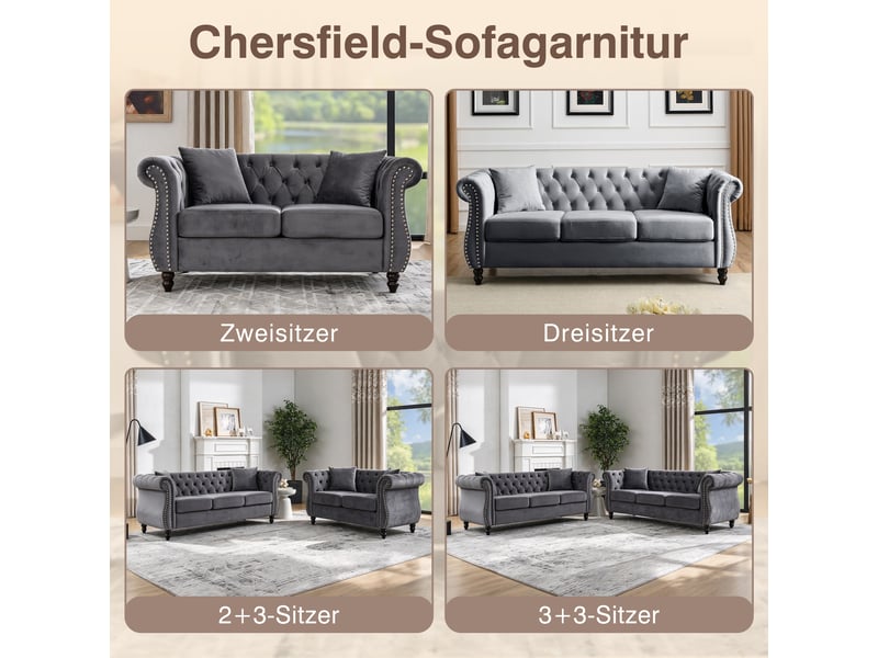  Canapé chesterfield gris en velours, 203 x 73,6 x 76 cm, pieds en hévéa, boutons capitonnés, clous argentés  - Conforama D